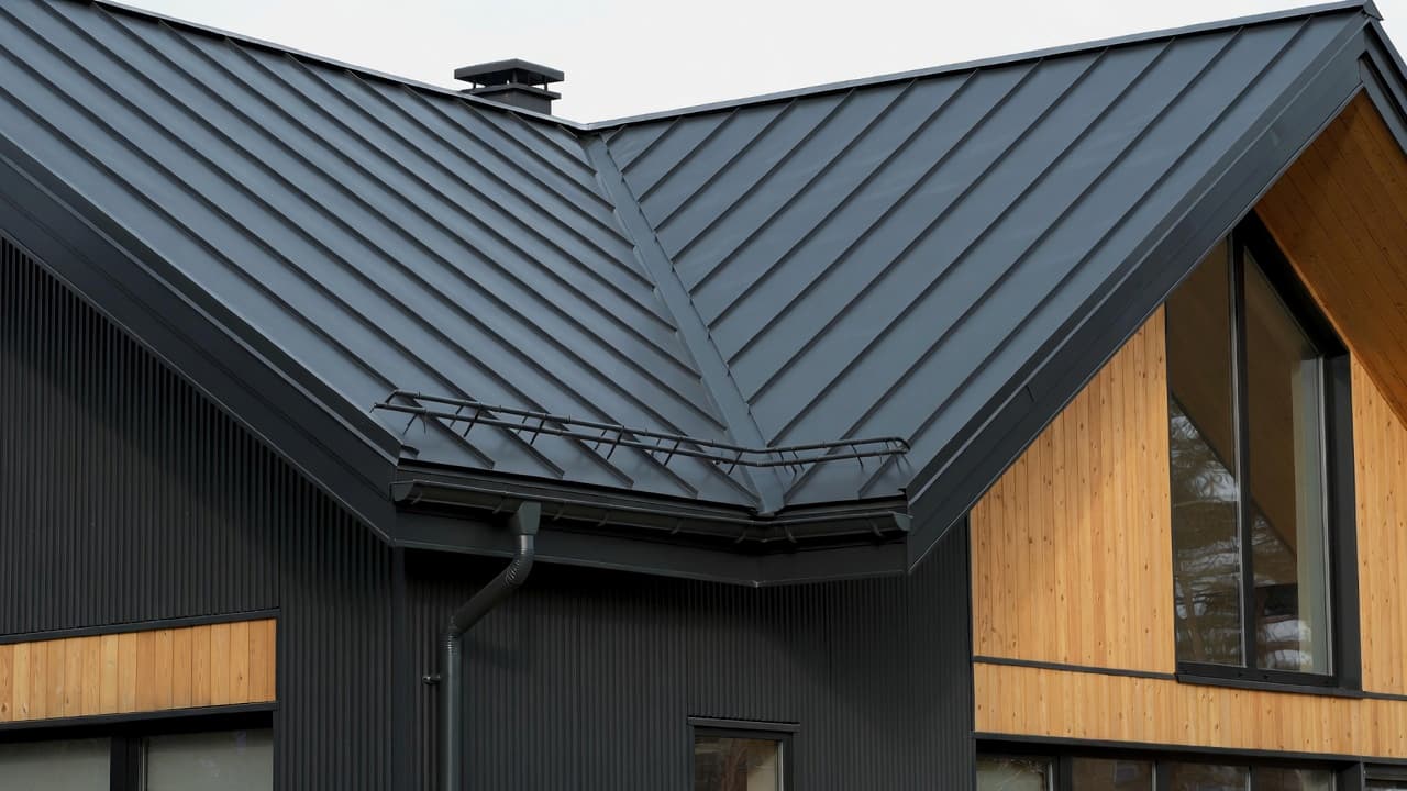 Close-up of gutter and downspout on a brick house in winter