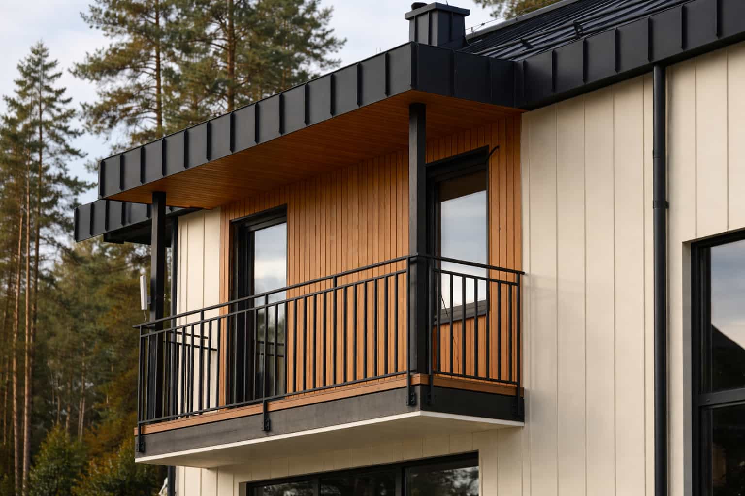 Modern roof gutter and downspout system under blue sky