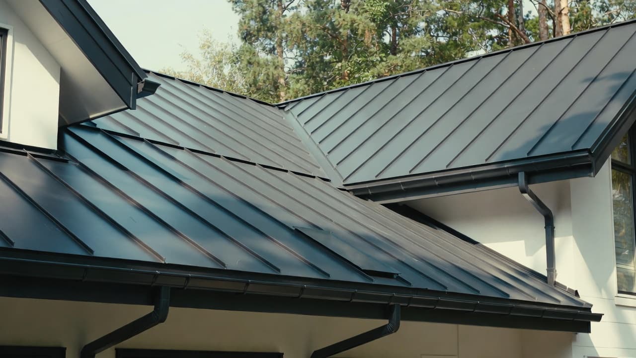Gutter system installed along a residential roofline